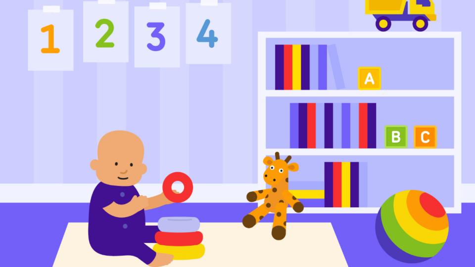 Baby in a room playing with toys.