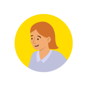 Lady with short red hair in a yellow circle.