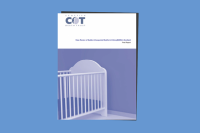A graphic of the front cover of the Case Review of Sudden Unexpected Deaths in Infancy in Scotland. On the cover is an illustration of a cot.