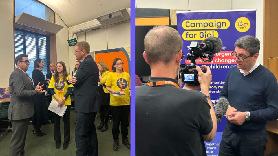 Two images side by side. The left is a group of MPs speaking to The Lullaby Trust staff, and the left is Andy Burnham being interviewed by a man holding a camera, in front of a Campaign for Gigi pull up banner