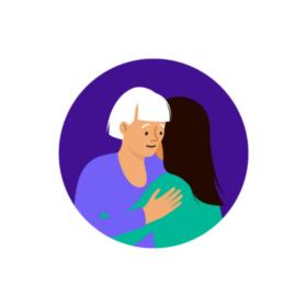 A lady with white hair, hugging another lady who has her back to us.