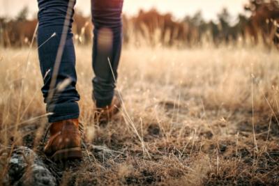A man's legs and shoes walk through a field with long and short grass. It looks dry and the sun seems to be setting in the background.