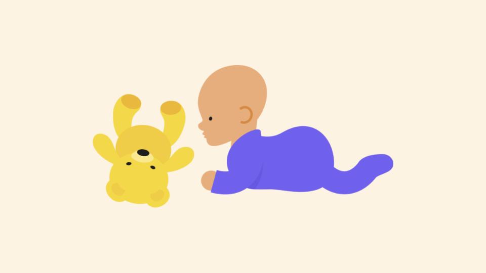 Illustration of a baby lying on their tummy, awake, playing with a teddy bear.