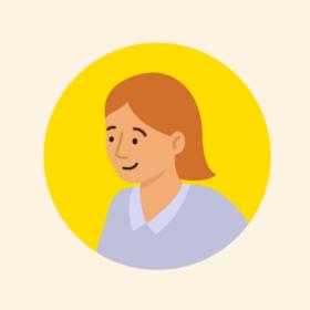 Lady with short red hair in a yellow circle.