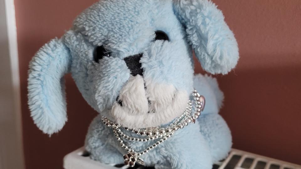 Blue toy dog with a silver necklace on