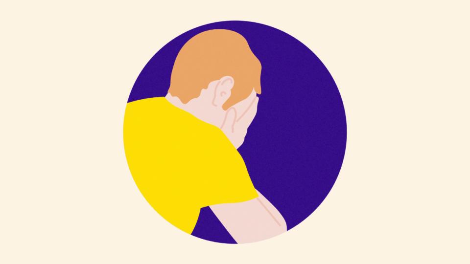 Illustration of a man in a yellow tshirt with his head in his hands.
