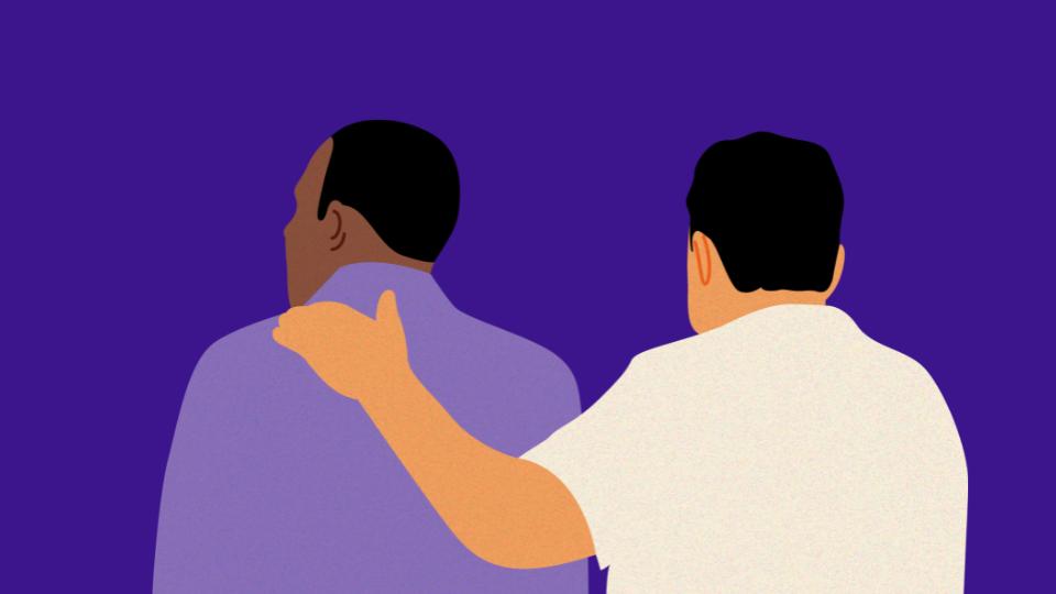Illustration of two people with their backs to us. One man has his arm around the other.