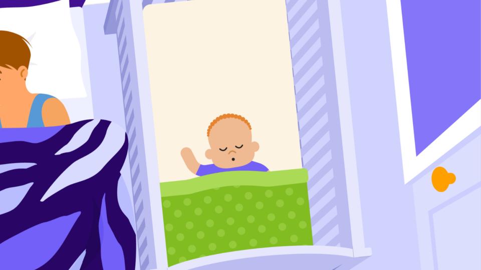 An illustration of a baby sleeping in a cot next to their parent who is in bed.