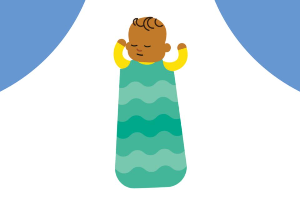 Illustration of a baby sleeping in a baby grow, with a baby sleep bag on top.