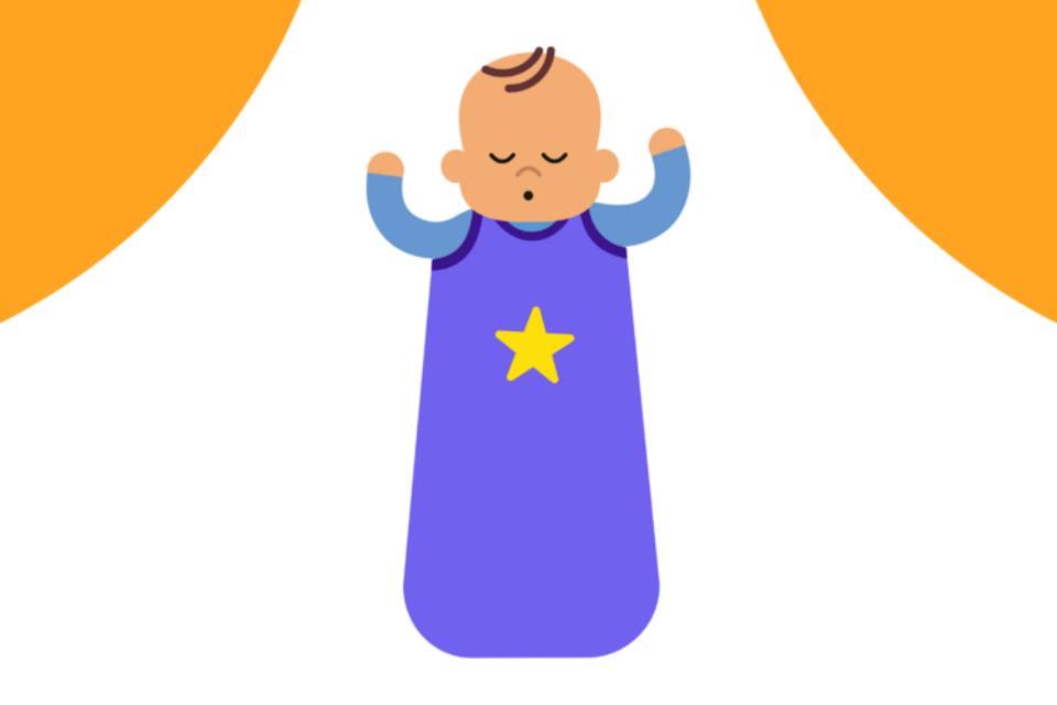 Illustration of a baby sleeping in a baby grow, with a baby sleep bag on top.