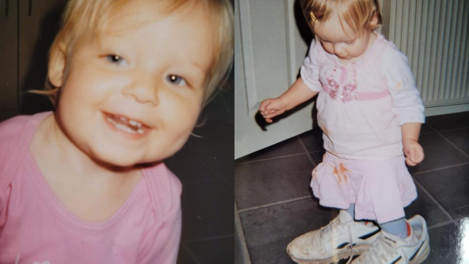 Two images. One of Sue's daughter with a big grin and wearing a pink top. The other of her wearing very large shoes