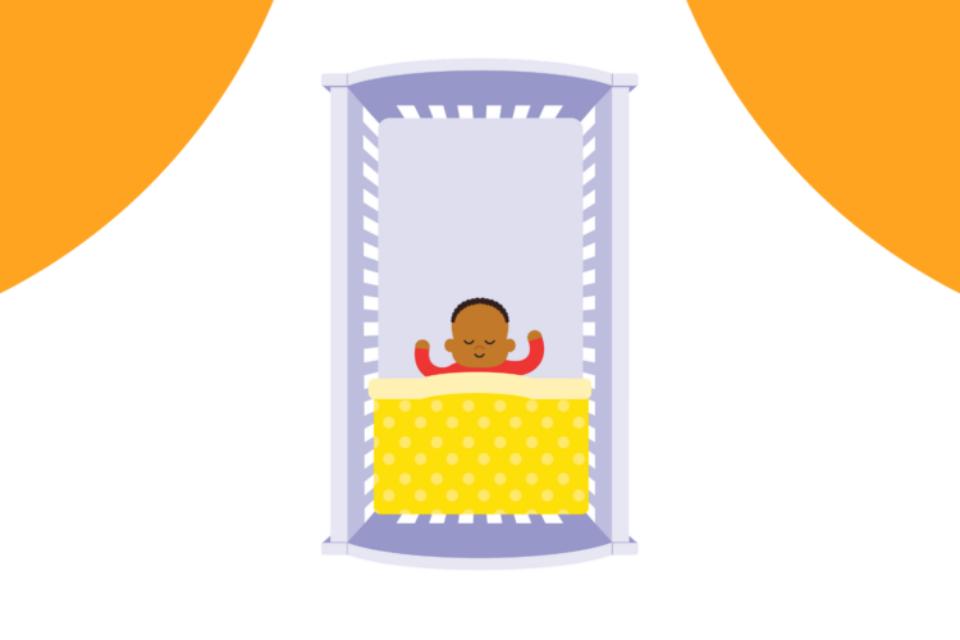 Illustration of a baby sleeping in a baby grow, with a blanket on top.