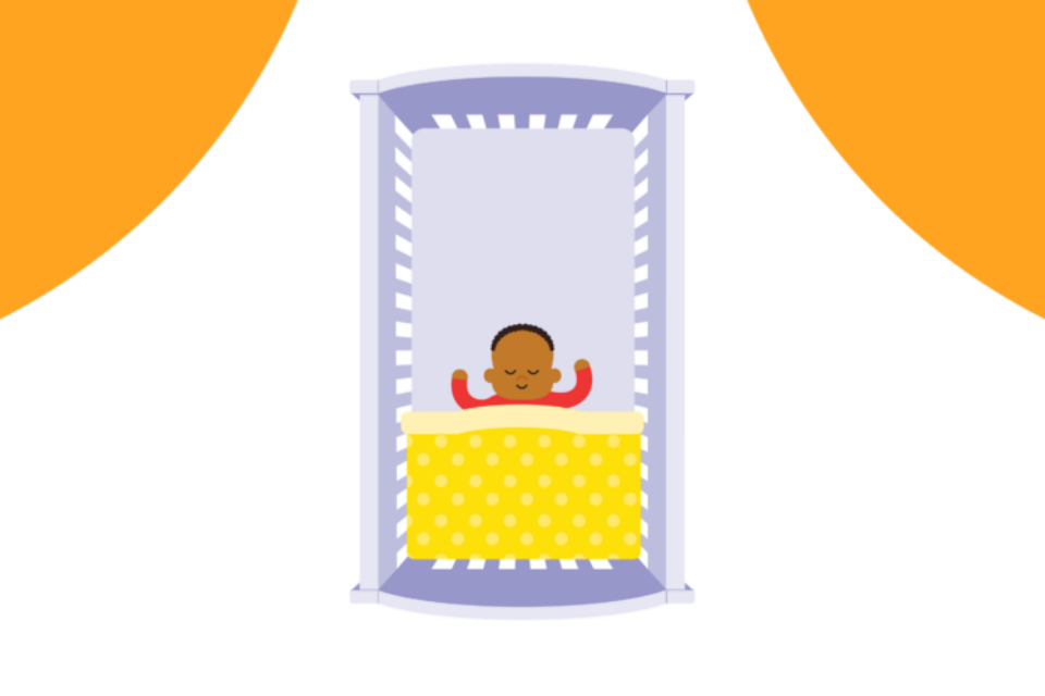 Illustration of a baby sleeping in a baby grow, with a blanket on top.