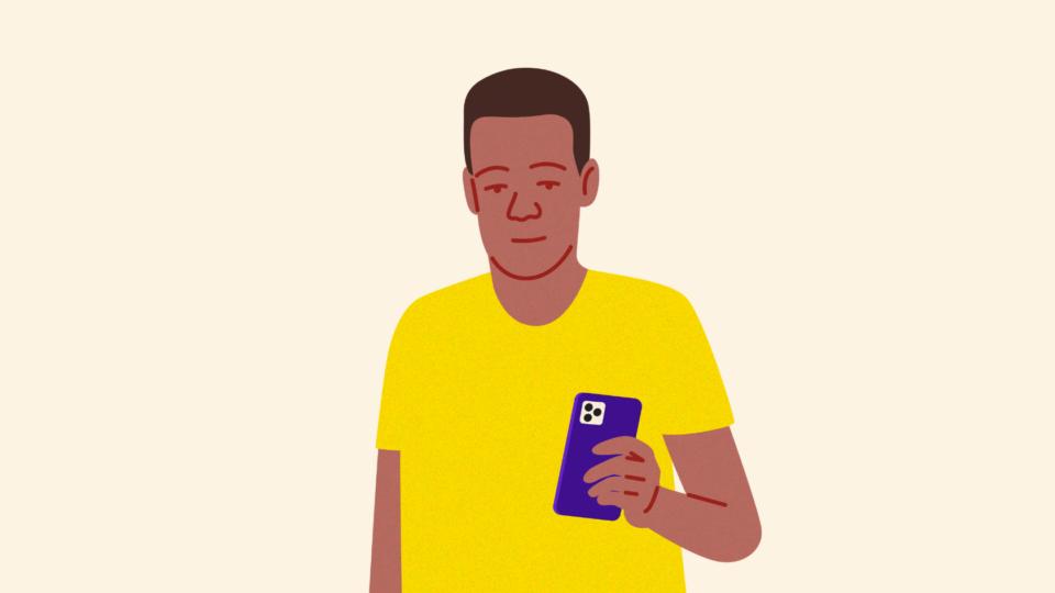 Illustration of a man in a yellow t-shirt, looking at his phone.