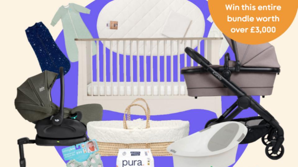 Photos of the prizes for the Safer Sleep Week 2026 giveaway, including a carry cot and a cot.