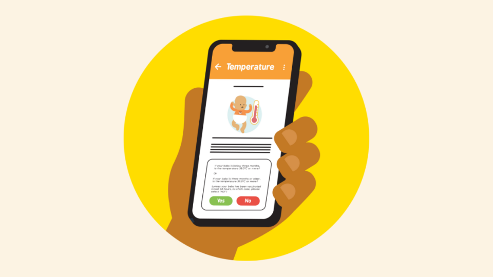 Hand holding a phone on the baby check app, on a yellow circle on a cream background.