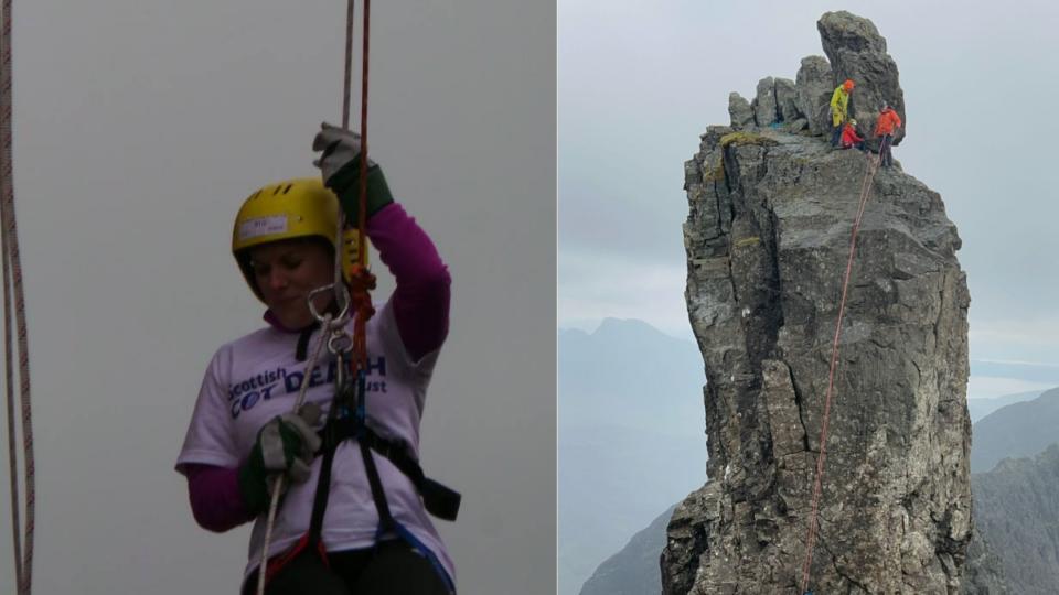 Two images of Fiona abseiling. One close up of her in her harness, the other of the tall rock she is abseiling on.