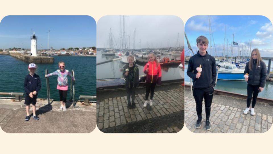 Three similar images of Fiona's children at the fishing villages, they look slightly older in each of the images.