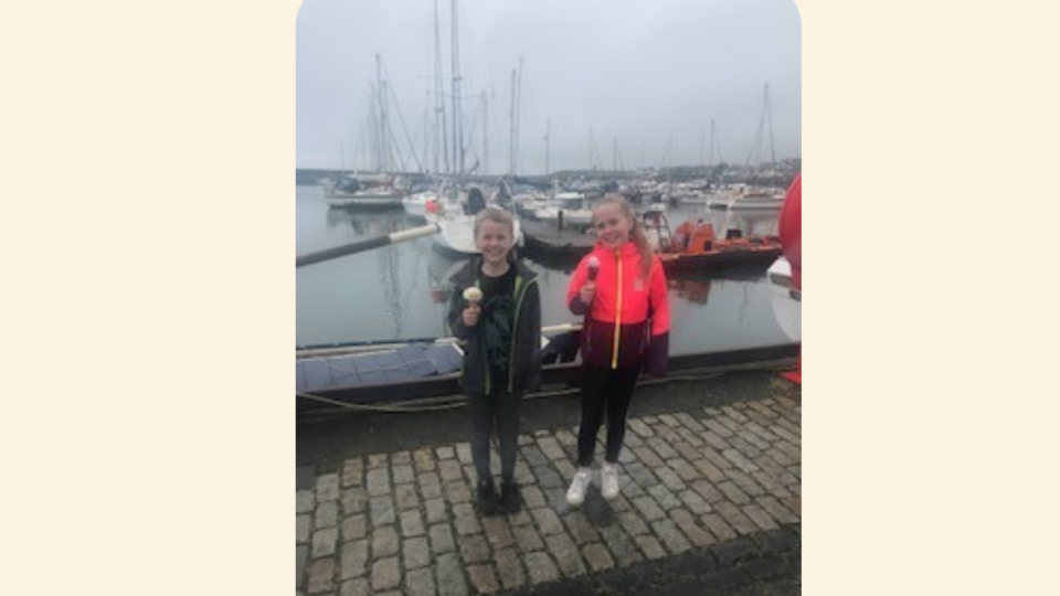 Isla and Ewan with ice cream at the fishing village