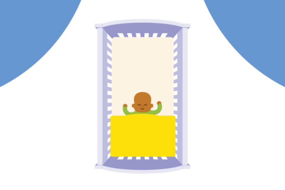 An illustration of a baby sleeping in a cot with a baby grow and a blanket tucked in.