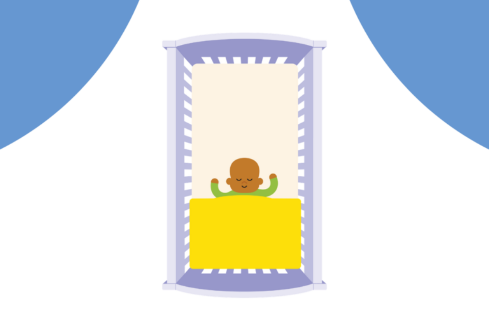 An illustration of a baby sleeping in a cot with a baby grow and a blanket tucked in.