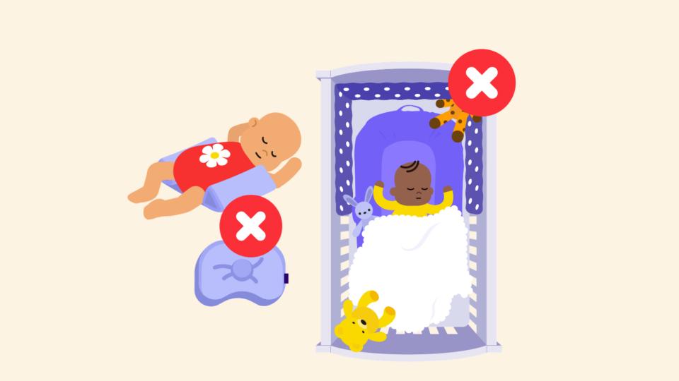 Illustration of products and items that should not be in a baby's cot, marked by a red X. Including pillows, toys, loose blankets, pods/nests and sleep positioners.