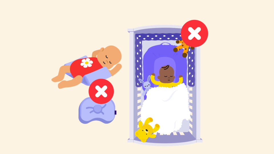 Illustration of products and items that should not be in a baby's cot, marked by a red X. Including pillows, toys, loose blankets, pods/nests and sleep positioners.