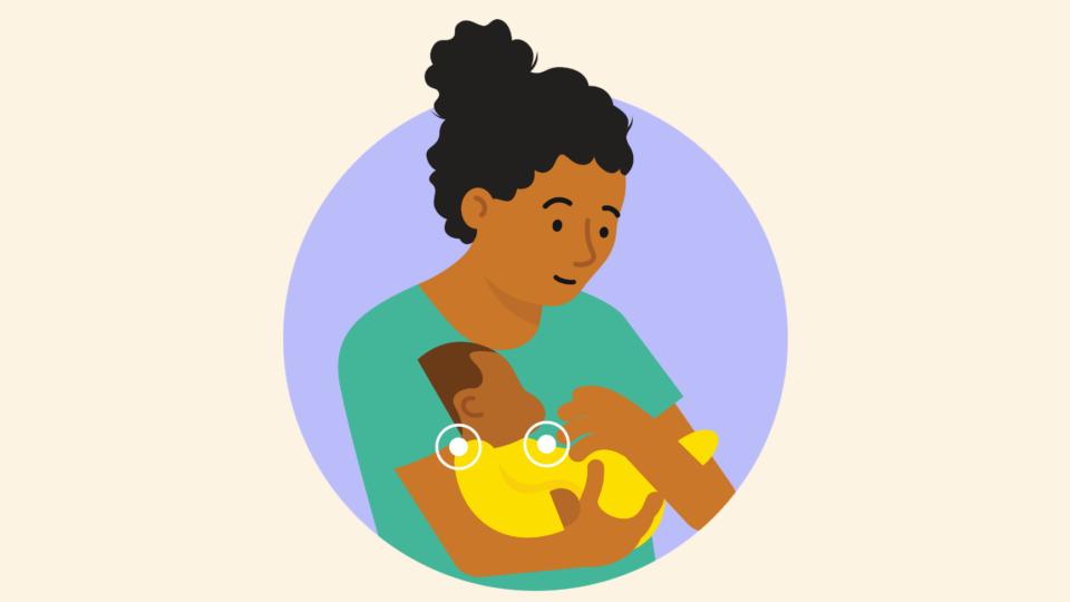 An illustration of a woman holding a baby. Her hand is about to feel her baby's chest. There are two 'touch points' marked up on the graphic, showing that you should touch your baby's chest or the back of their neck to check their temperature.