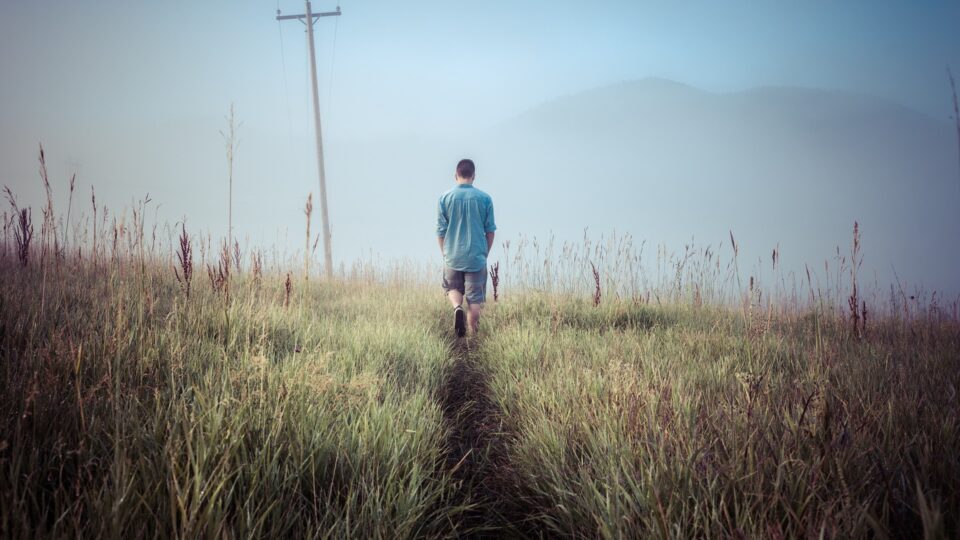 Man in the distance in a field with his back to the camera.