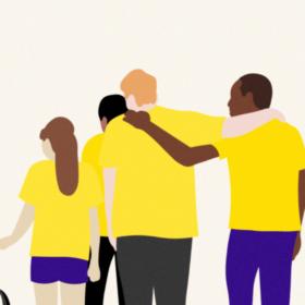 A group of people are supporting one another. They are different ages and from different backgrounds. One is pushing a wheel chair, and another has an arm around another person. It has a supportive feel.