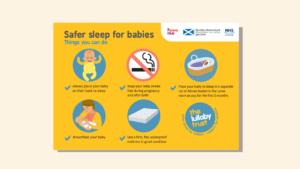 Screenshot of the safer sleep for babies easy read card for Scotland. Images and captions explain the basics of safer sleep.