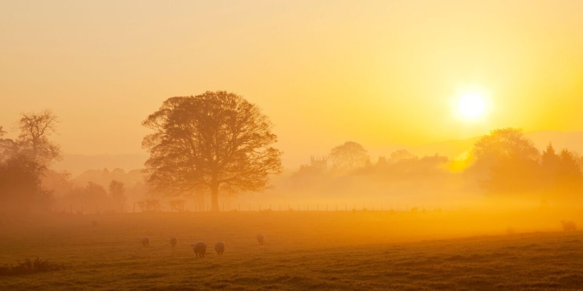 Mist rising in a field of sheep as the sun rises over a hill, picking out the church and houses in the village of Gargrave, Yorkshire Dales National Park, North Yorkshire, England.