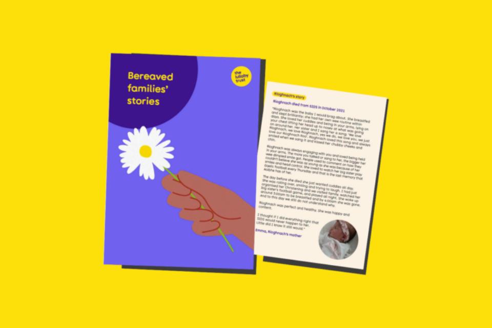 Front cover of 'Bereaved families' stories' publication, and snippet for one of the stories.