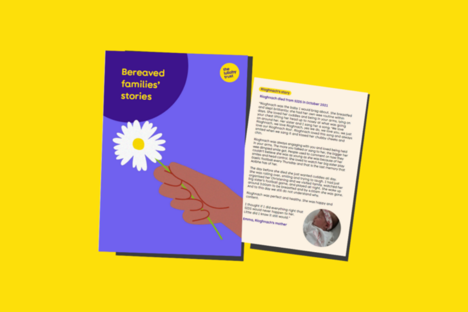 Front cover of 'Bereaved families' stories' publication, and snippet for one of the stories.