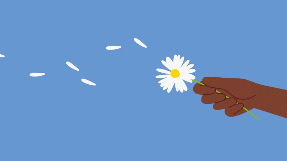 A hand holding a flower, with the petals flying off in the wind.