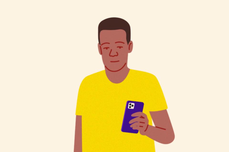 Illustration of a man in a yellow t-shirt, looking at his phone.