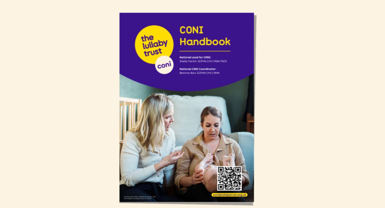 Screenshot of the front page of the CONI handbook. An image of a mum sitting with a baby on her lap and a lady talking to her.