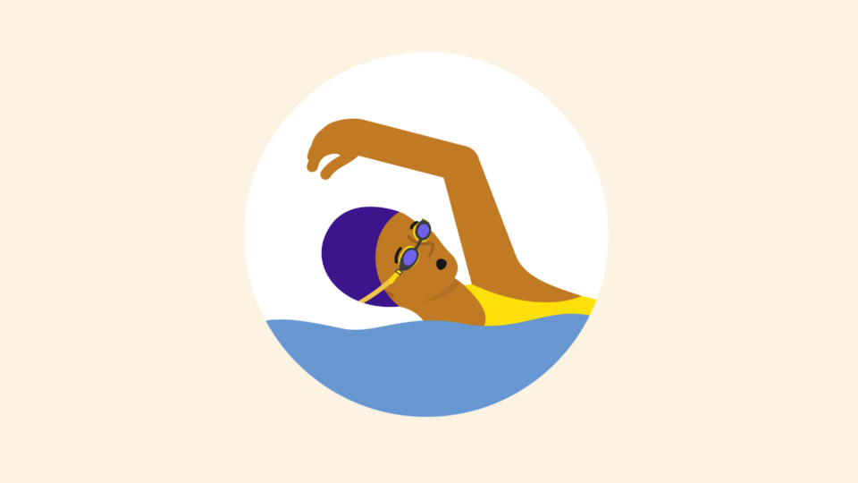 Illustration of a person swimming and wearing a yellow swimming cap.
