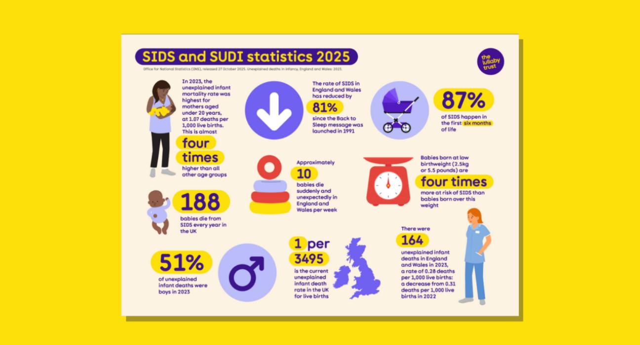 Screenshot of stats on SIDS and SUDI A4 document. There are various illustrations next to each statistic.