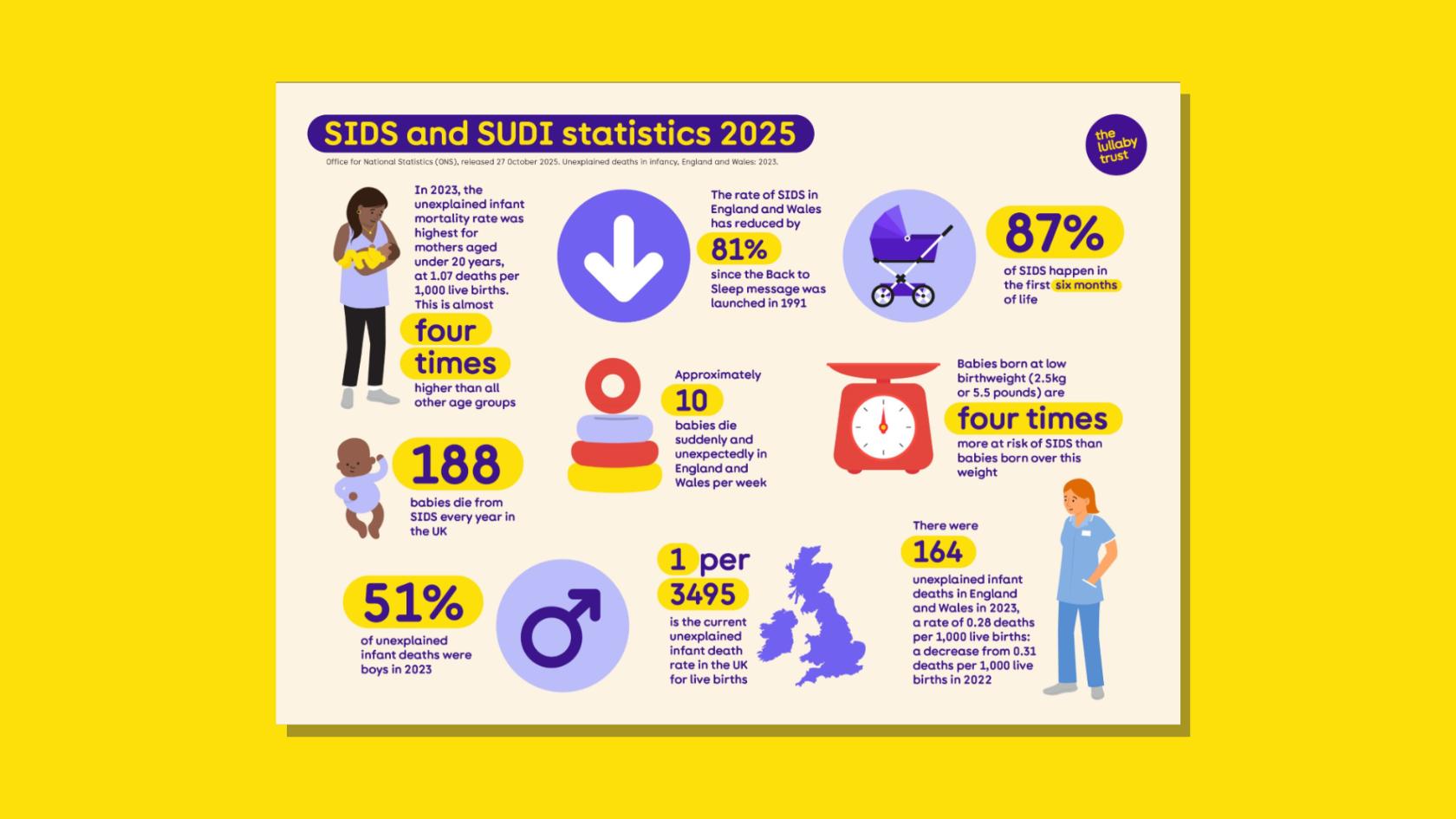 Screenshot of stats on SIDS and SUDI A4 document. There are various illustrations next to each statistic.