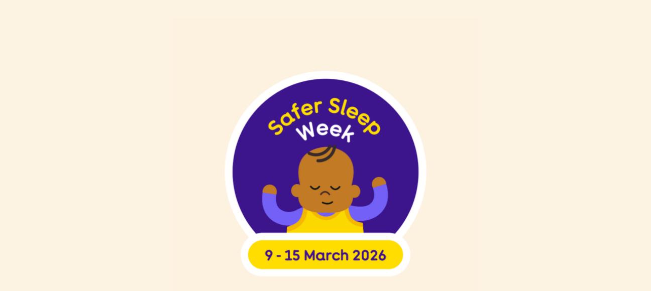 Safer Sleep Week logo 2026. An illustration of a baby sleeping with the dates 9 - 15 March.
