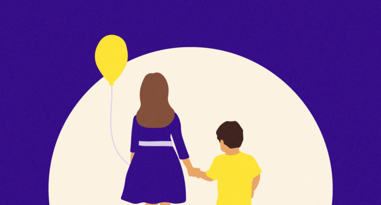 Illustration of a girl and boy with their back to us hand in hand, holding a balloon.