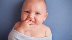 Awake baby in a swaddle, looking at the camera, their hand in their mouth
