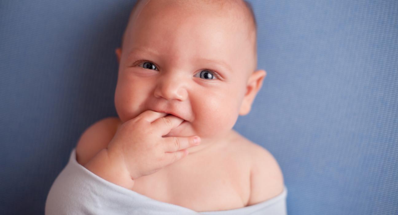 Awake baby in a swaddle, looking at the camera, their hand in their mouth