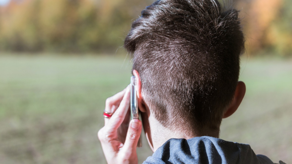 Person with their back to us, holding a phone to their ear.
