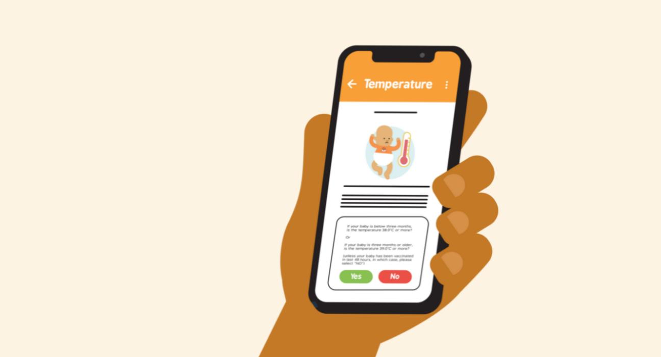 Illustration of a phone being held by a hand. It is on the Baby Check app by The Lullaby Trust.