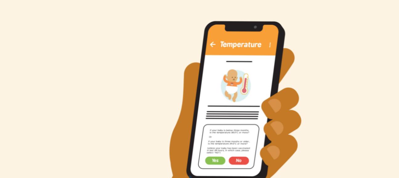Illustration of a phone being held by a hand. It is on the Baby Check app by The Lullaby Trust.