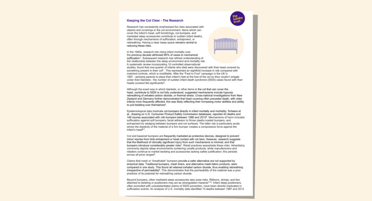 Screenshot of evidence base document about keeping a clear cot.