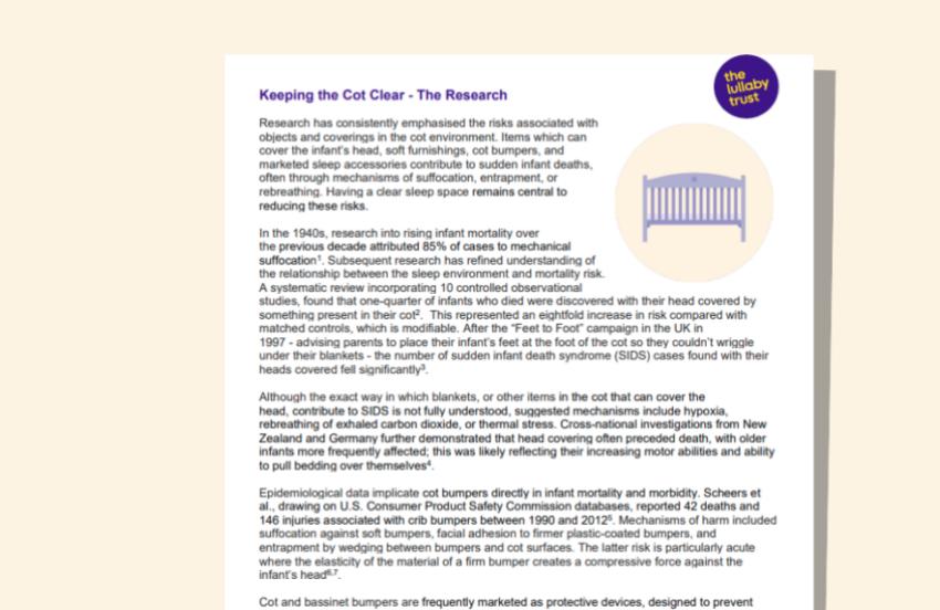 Screenshot of evidence base document about keeping a clear cot.