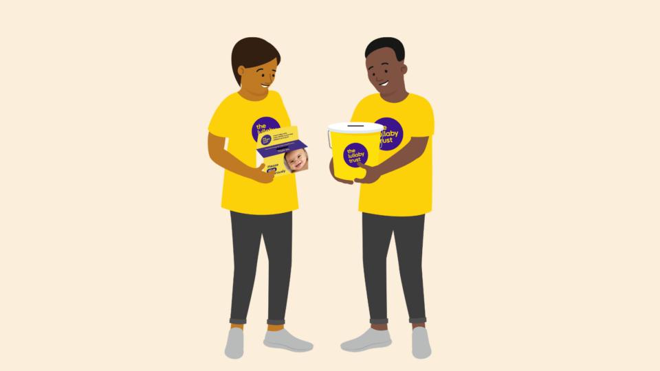 Illustration of two people holding Lullaby Trust collection buckets and boxes